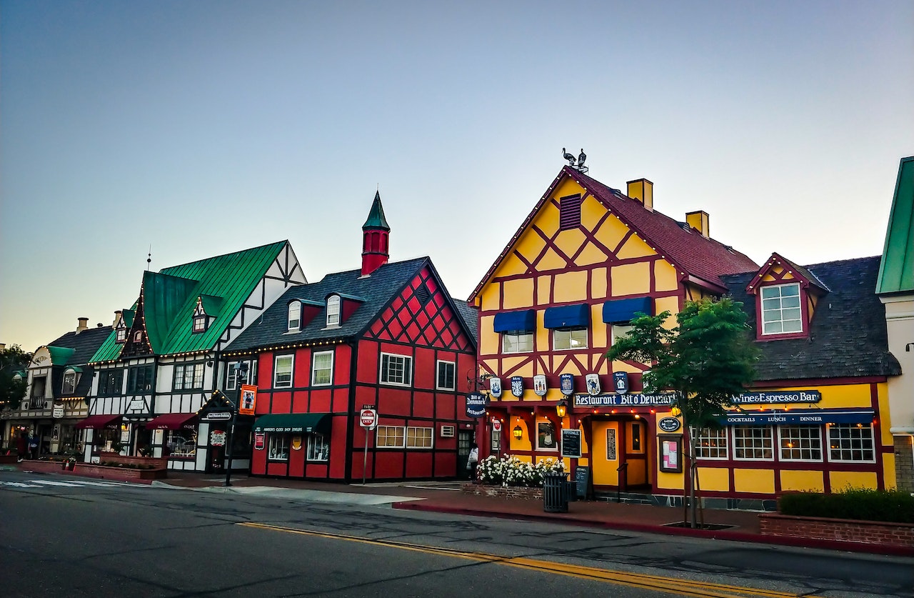 colorful Danish buildings in the themed downton Danish village of Solvang, California